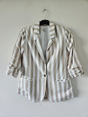 💕 Striped Linen-Blend Blazer - Beige & White size 6 💕